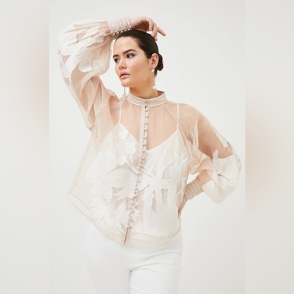 Karen Millen Embroidered Sheer Organdie Blouse in Blush - US 6‎ / NWT - Picture 1 of 16